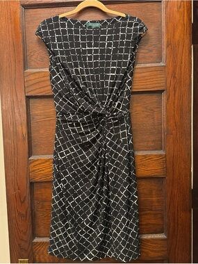 Lauren Ralph Lauren Black Dress with White Grid Print and Twist Front